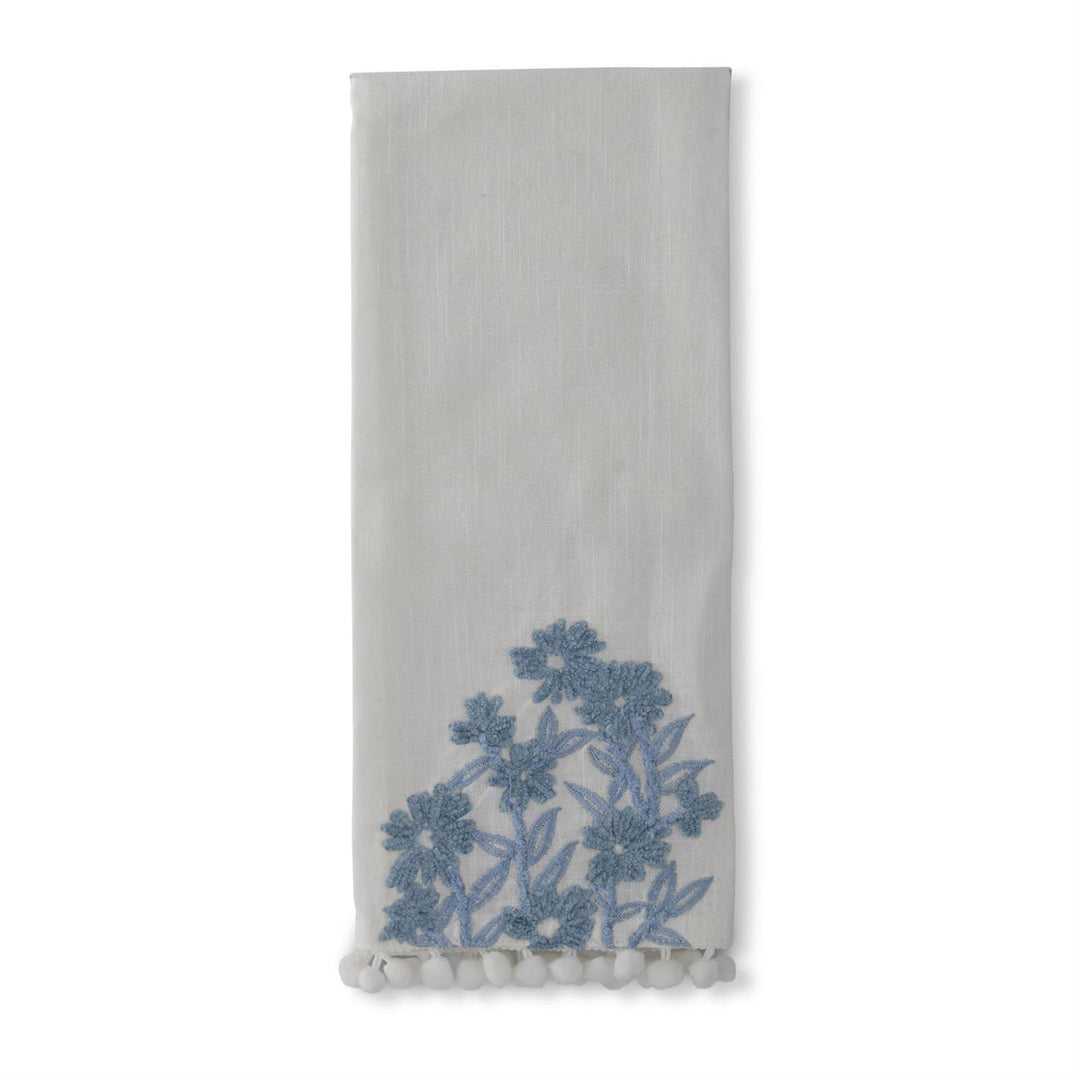 White Linen Hand Towel with Blue Embroidery