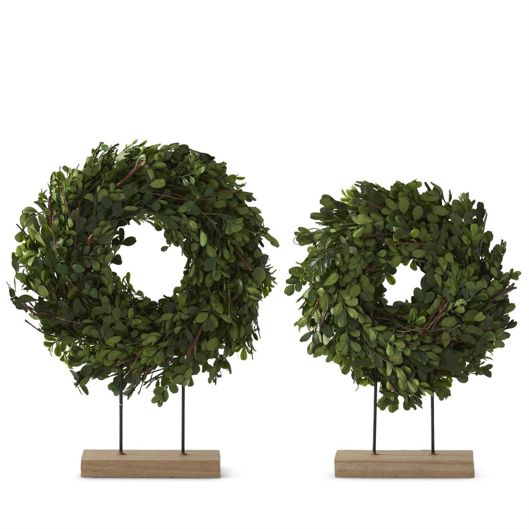 Preserved Boxwood Wreath on Spindles with Wood Base