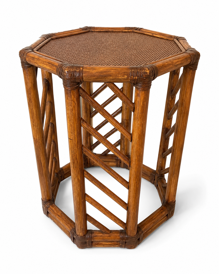 Vintage Octagonal Rattan Side Table with Woven Top