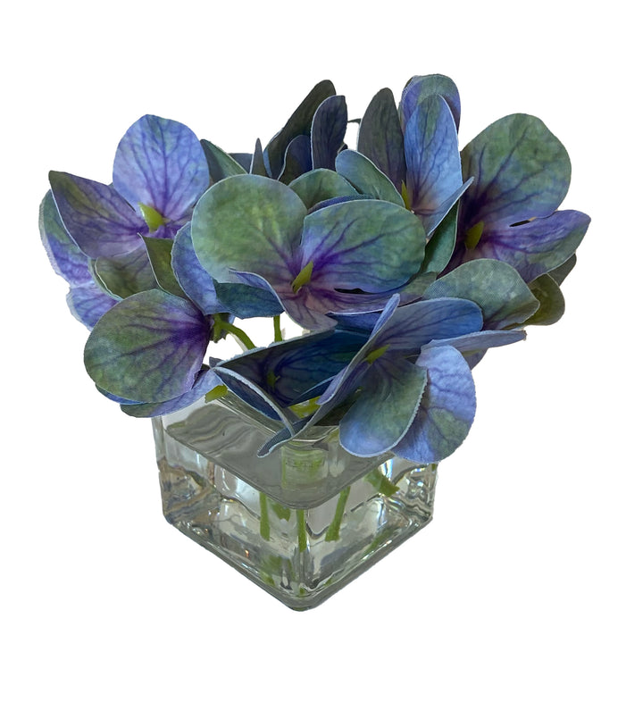 Silk Hydrangea Blossoms in 2" Glass Square Cube