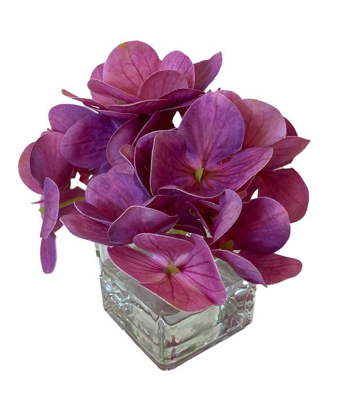 Silk Hydrangea Blossoms in 2" Glass Square Cube