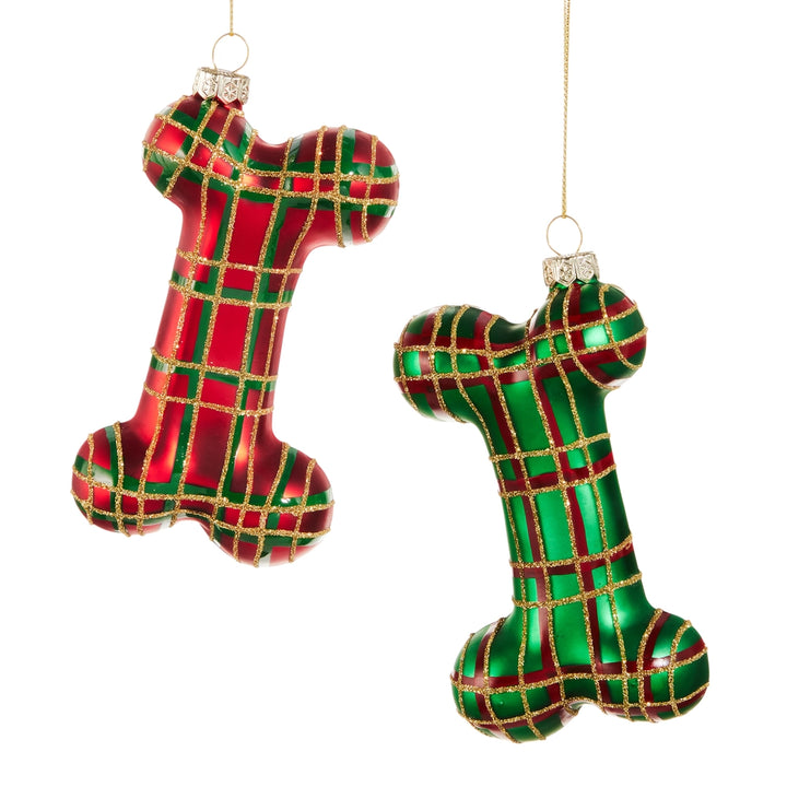 Plaid Dog Bone Glass Ornament