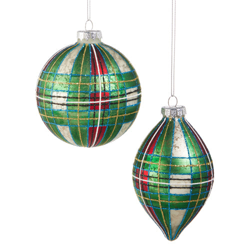 Green Tartan Plaid Glass Ornament