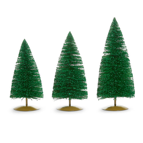 Green Glittered Bottle Brush Trees – Set of 3
