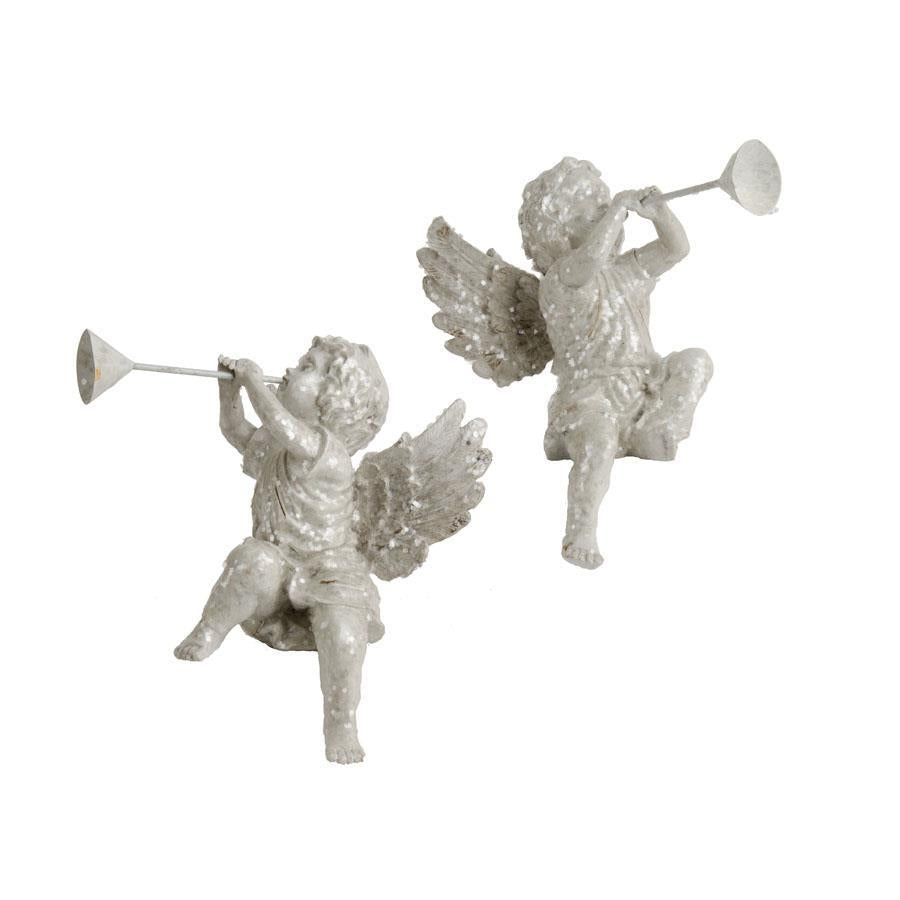 White Glitter Cherub Statues with Trumpet - Set/2