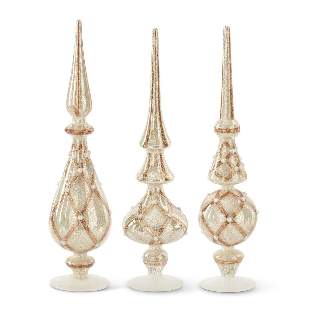 Glittered Silver & Copper Mercury Glass Finials with Pearls, Set of 3