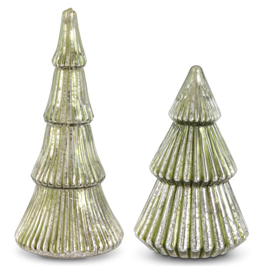 Ribbed Green Mercury Glass LED Trees, Set of 2