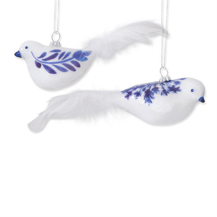 Blue & White Glass Bird Ornament with Feather Tail