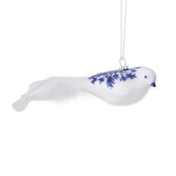 Blue & White Glass Bird Ornament with Feather Tail