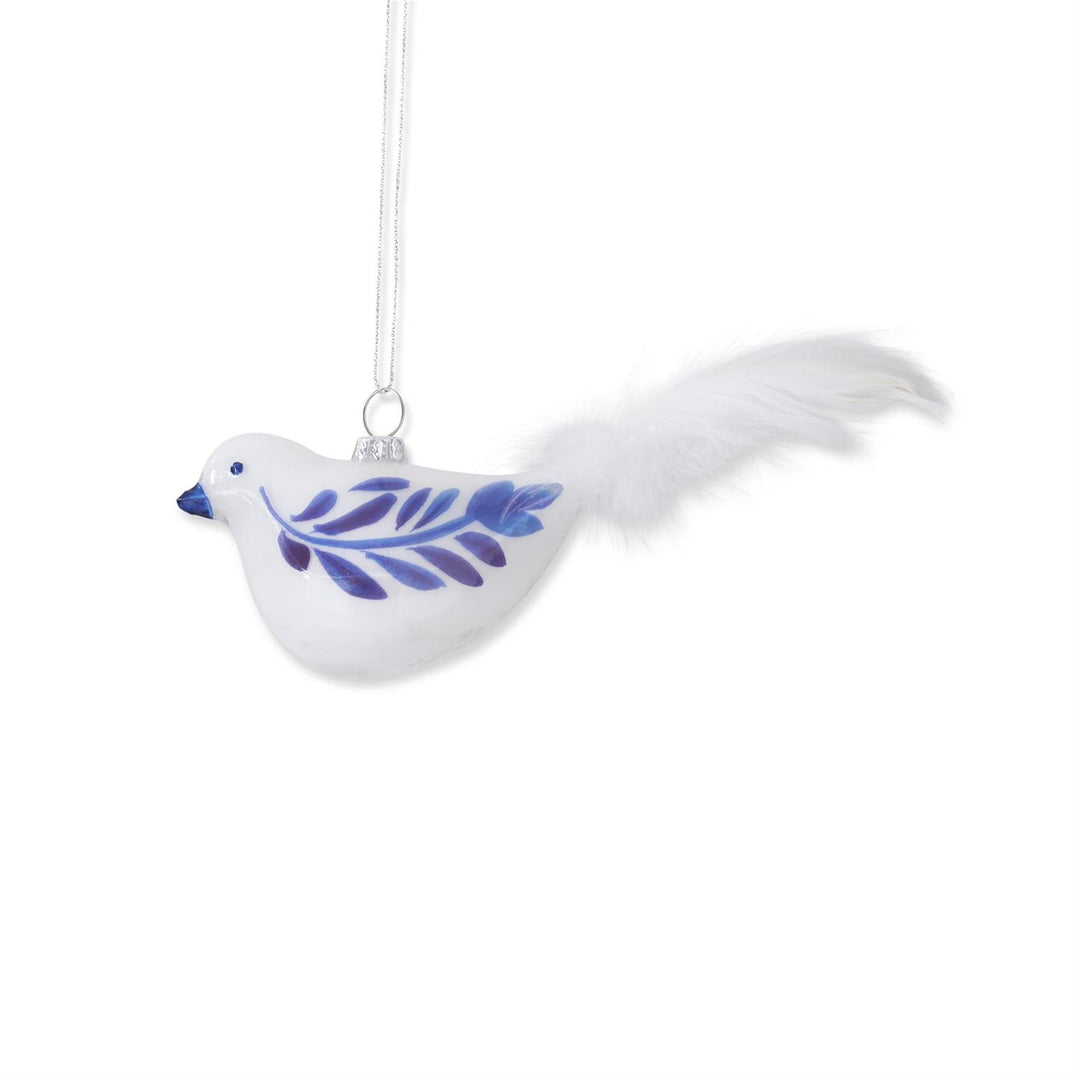 Blue & White Glass Bird Ornament with Feather Tail