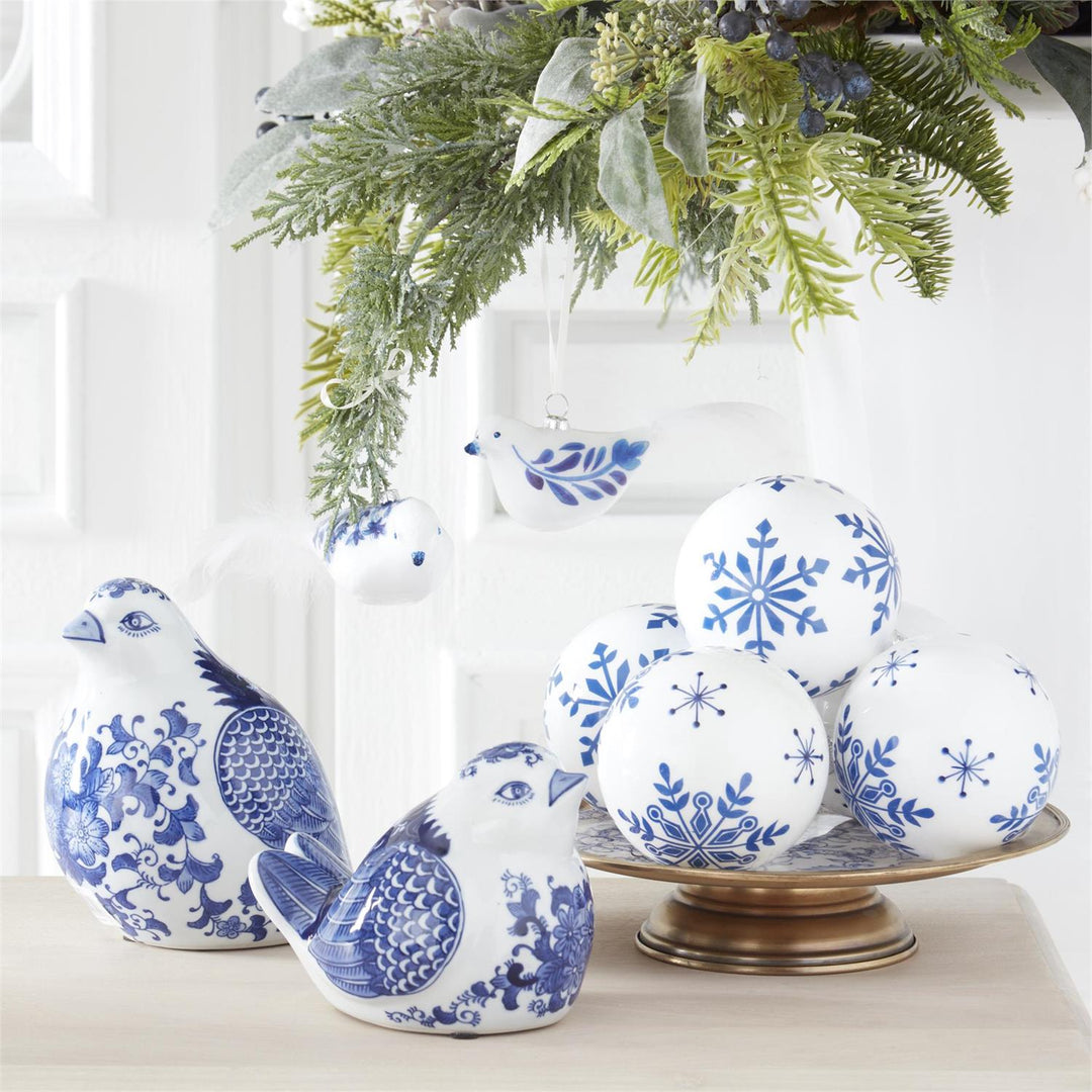 Blue & White Glass Bird Ornament with Feather Tail