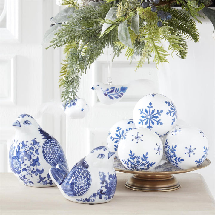 Blue & White Glass Bird Ornament with Feather Tail