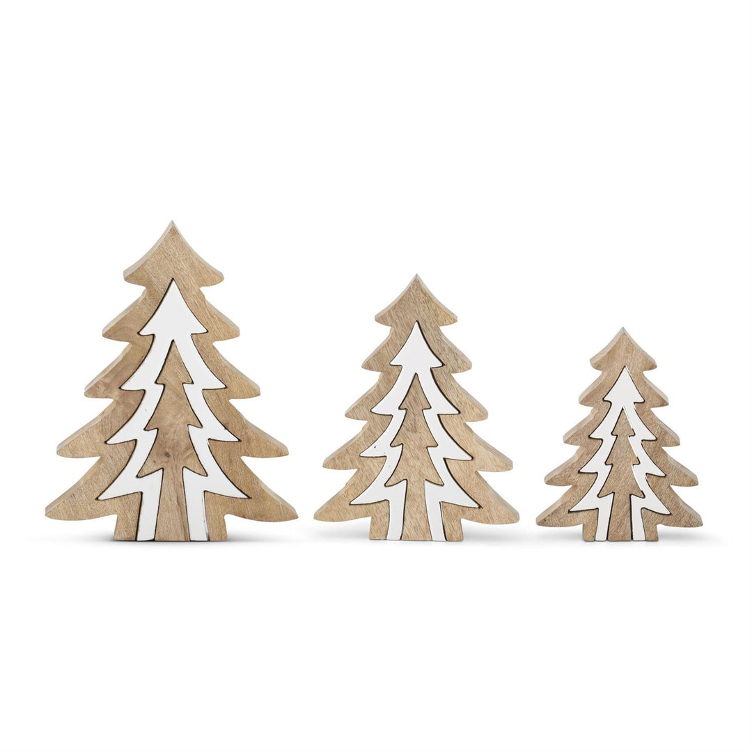 Wood & White Enameled Christmas Trees — Set/3