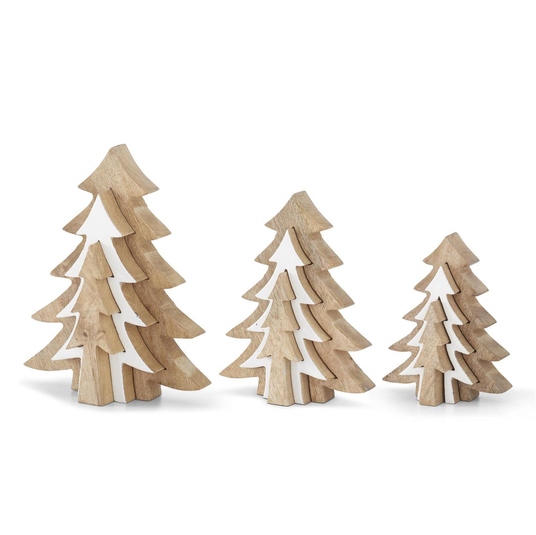 Wood & White Enameled Christmas Trees — Set/3