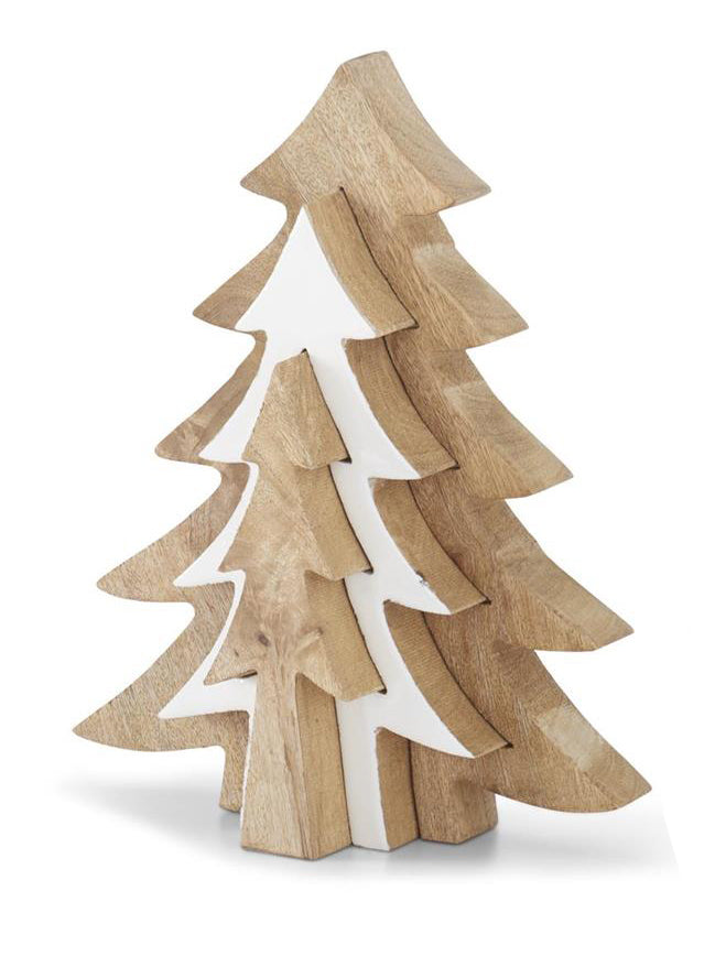 Wood & White Enameled Christmas Trees — Set/3
