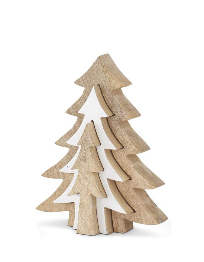 Wood & White Enameled Christmas Trees — Set/3