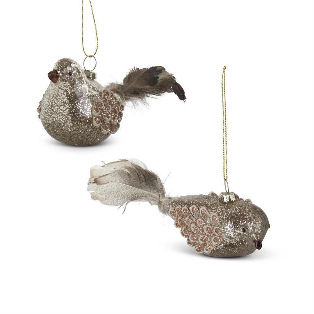 Glitter Glass Bird Ornaments with Feather Tails