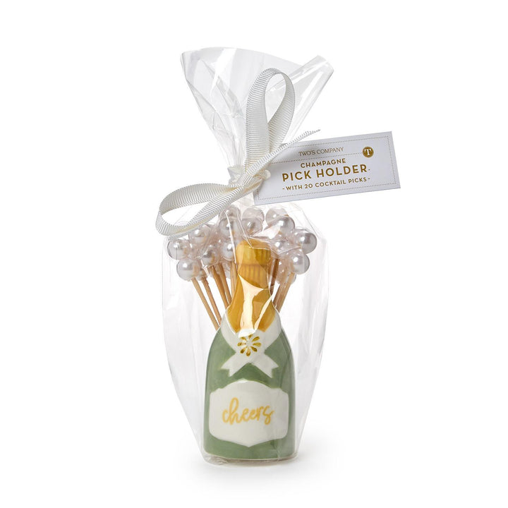 Champagne Bottle Pick Holder with 20 Pearl Cocktail Picks