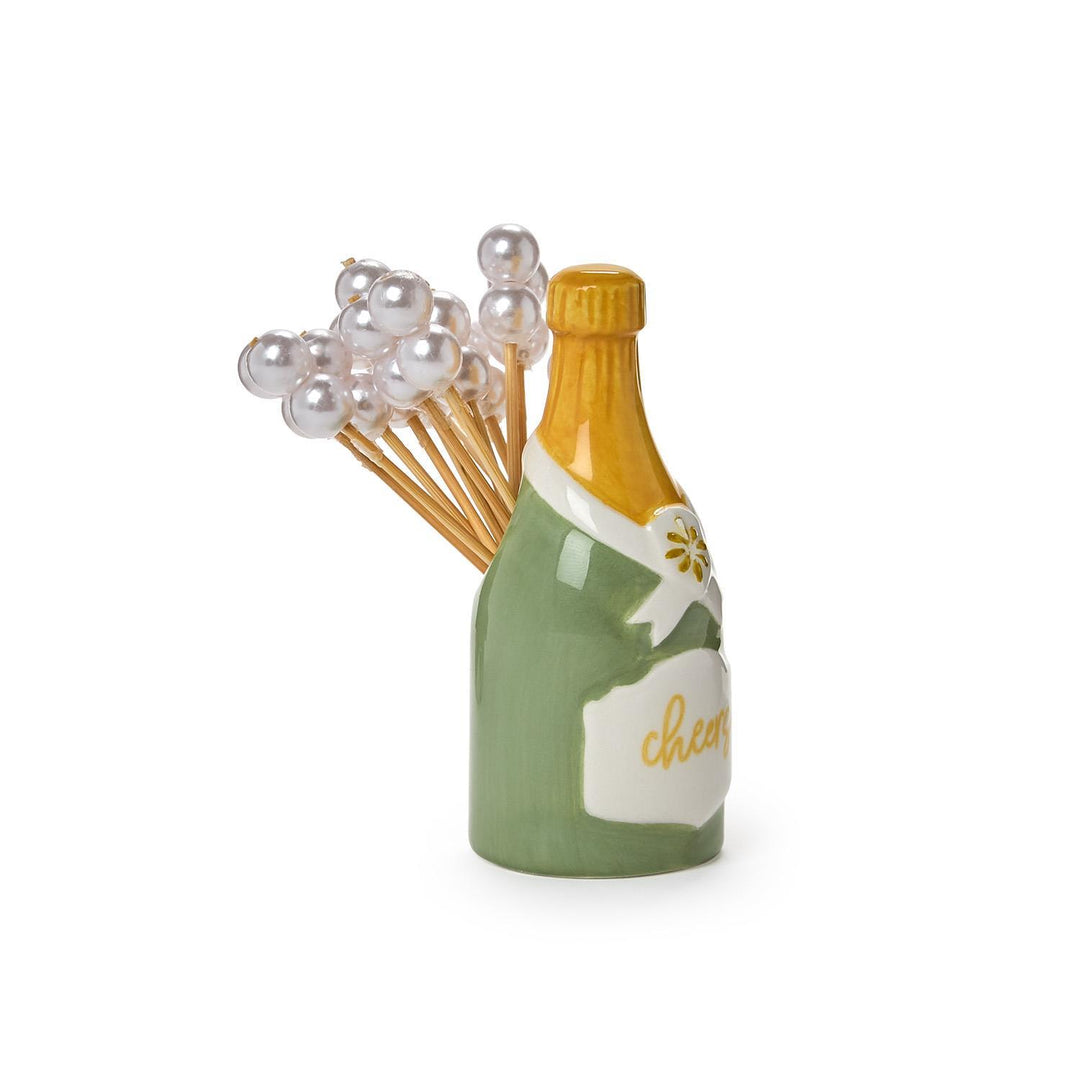 Champagne Bottle Pick Holder with 20 Pearl Cocktail Picks