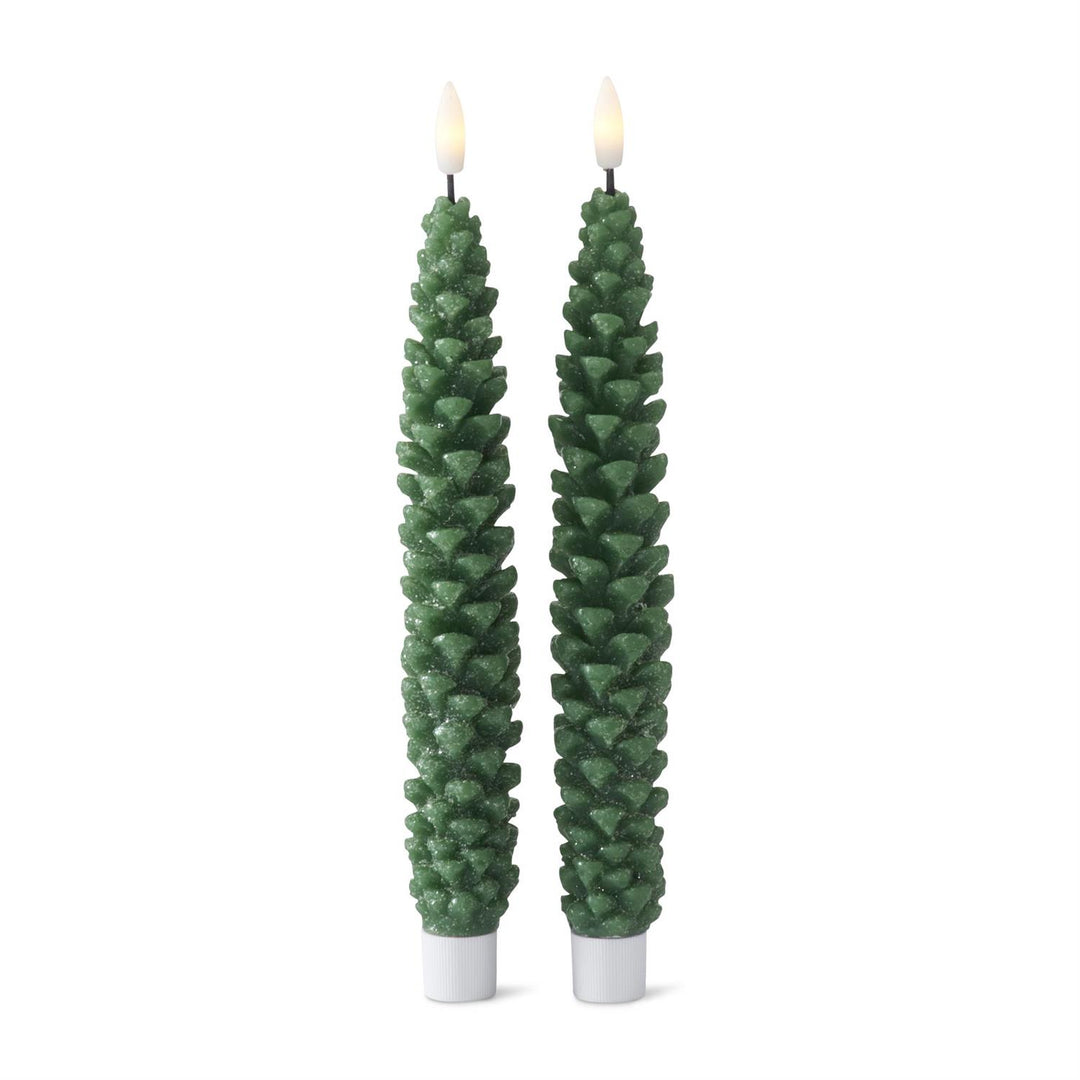 Green Pinecone LED Taper Candles – Set/2