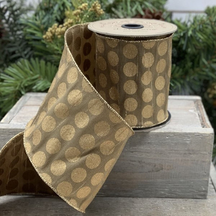 Antique Gold Dupion Ribbon with Metallic Gold Dots – 4" x 10 Yards