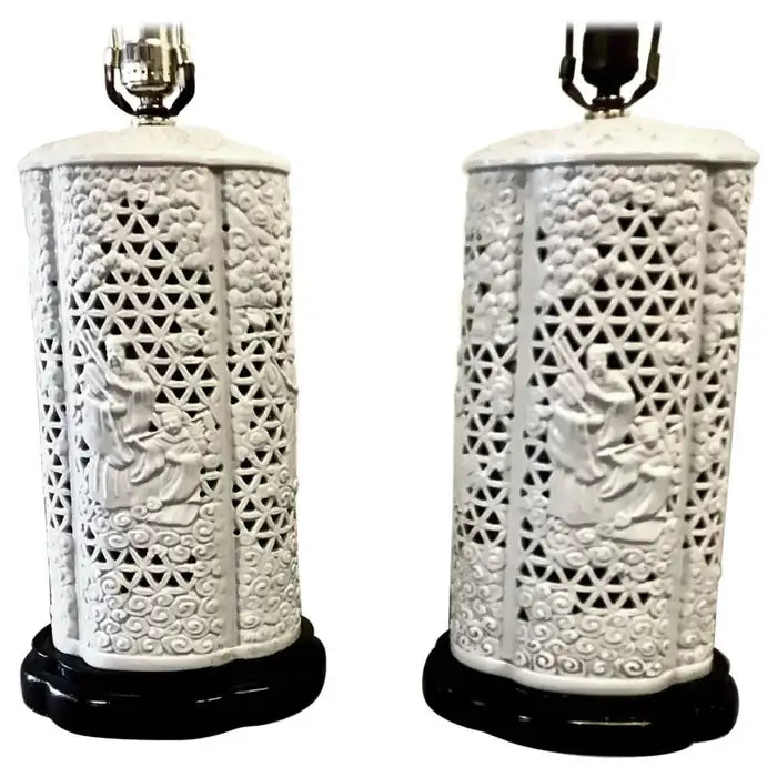 Pair Blanc de Chine Reticulated Lamps