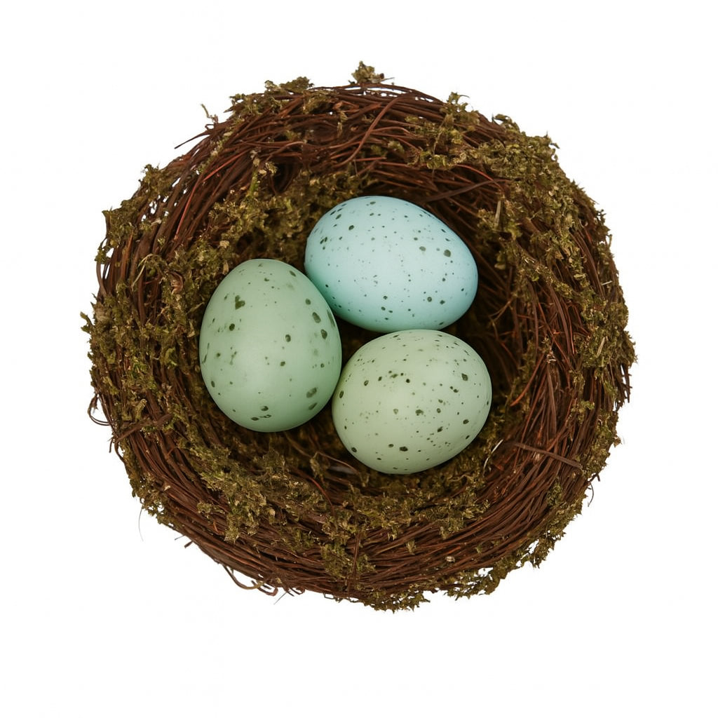 Mini Mossy Bird Nest with Speckled Eggs-Set/4