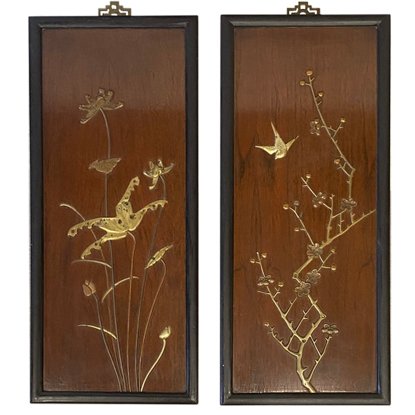 Pair of Brass Relief Asian Art on Wood Panel