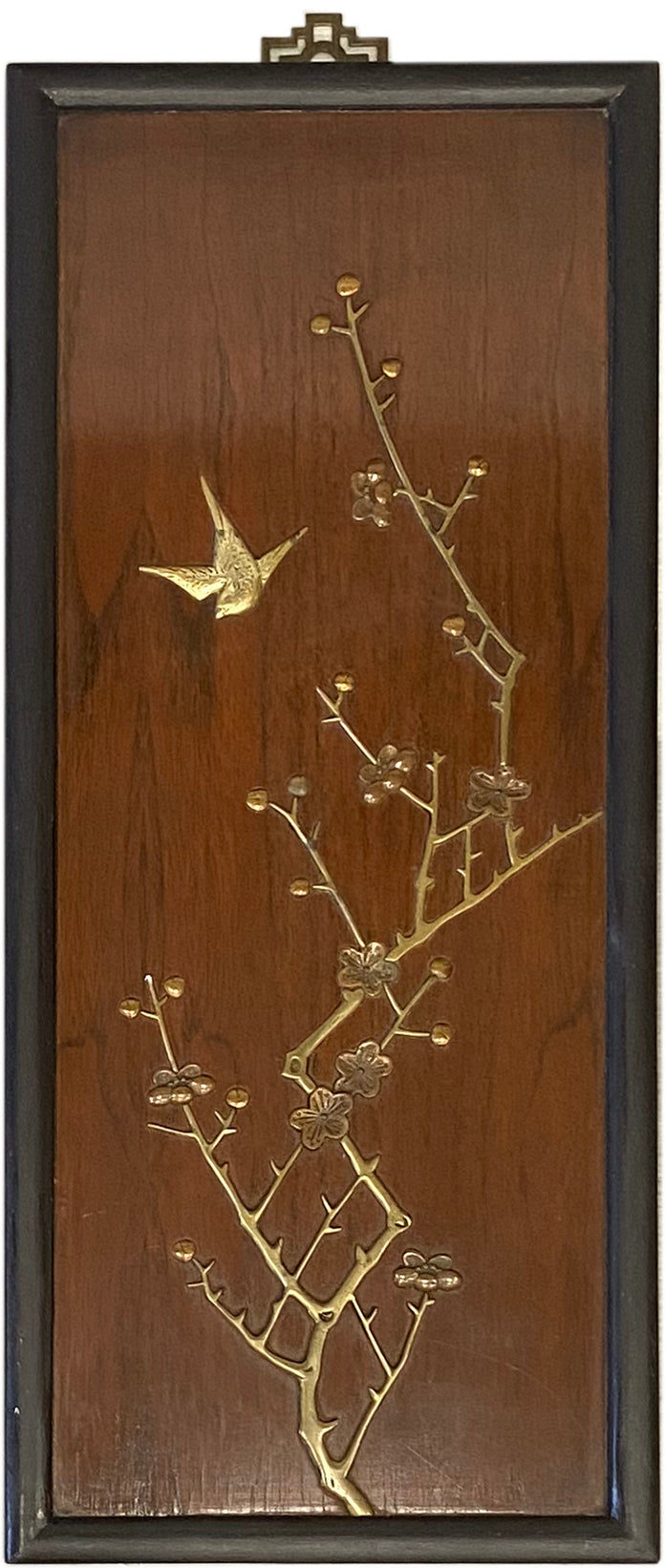 Pair of Brass Relief Asian Art on Wood Panel