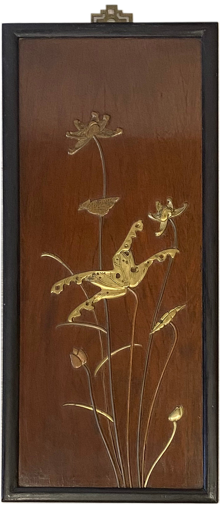 Pair of Brass Relief Asian Art on Wood Panel
