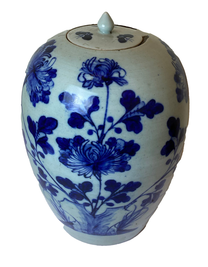 Chinese Mid-Qing Dynasty Celadon Blue and White Lidded Jar