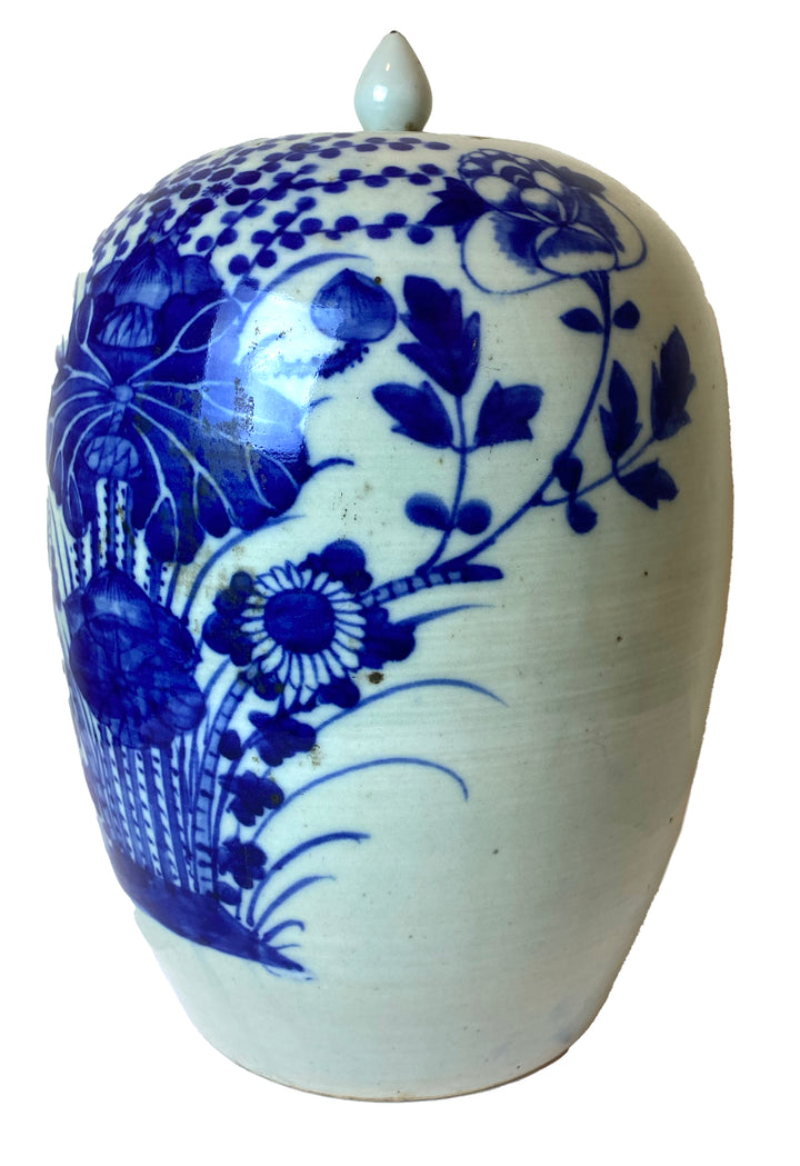 Chinese Mid-Qing Dynasty Celadon Blue and White Lidded Jar