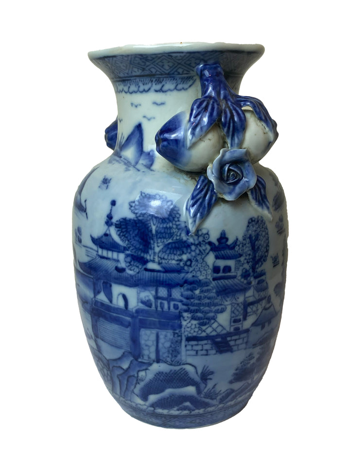 Blue and White Asian Vase with Fruit Handles