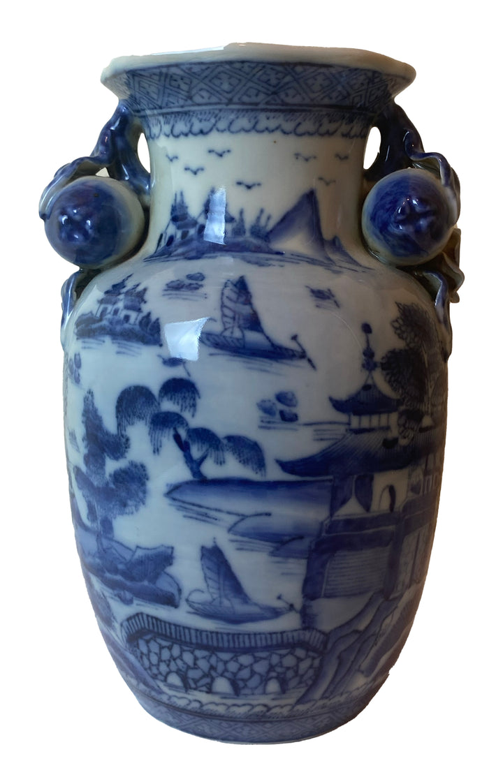 Blue and White Asian Vase with Fruit Handles