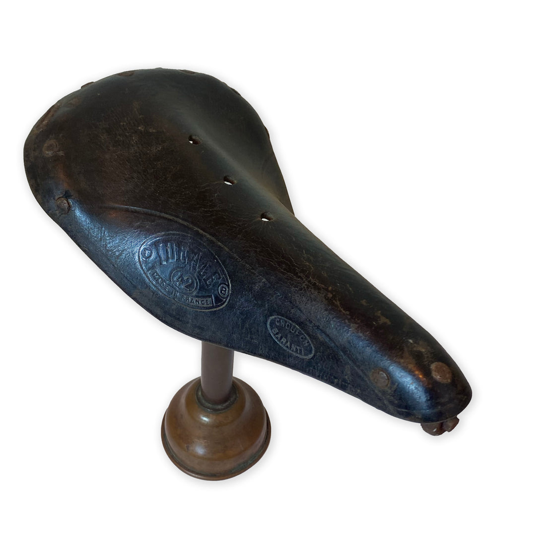 Vintage French Ideale Leather Bicycle Saddle on Display Stand