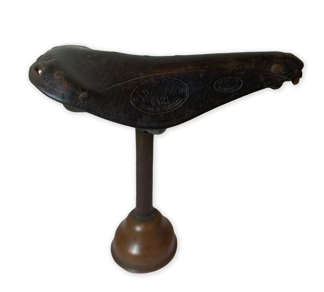 Vintage French Ideale Leather Bicycle Saddle on Display Stand