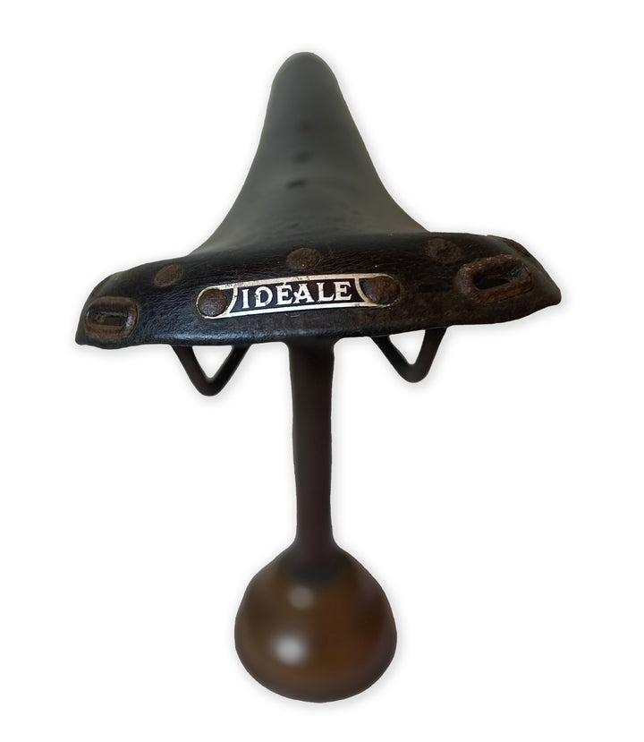 Vintage French Ideale Leather Bicycle Saddle on Display Stand