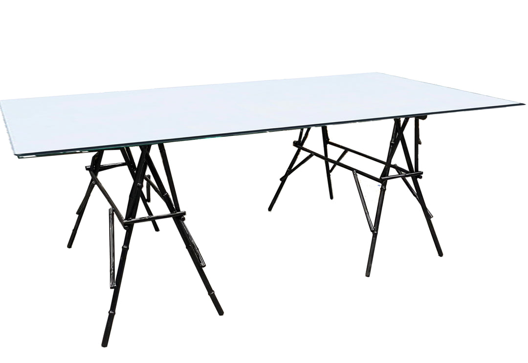 Large Glass Top Trestle Table with Metal Black Bamboo Base