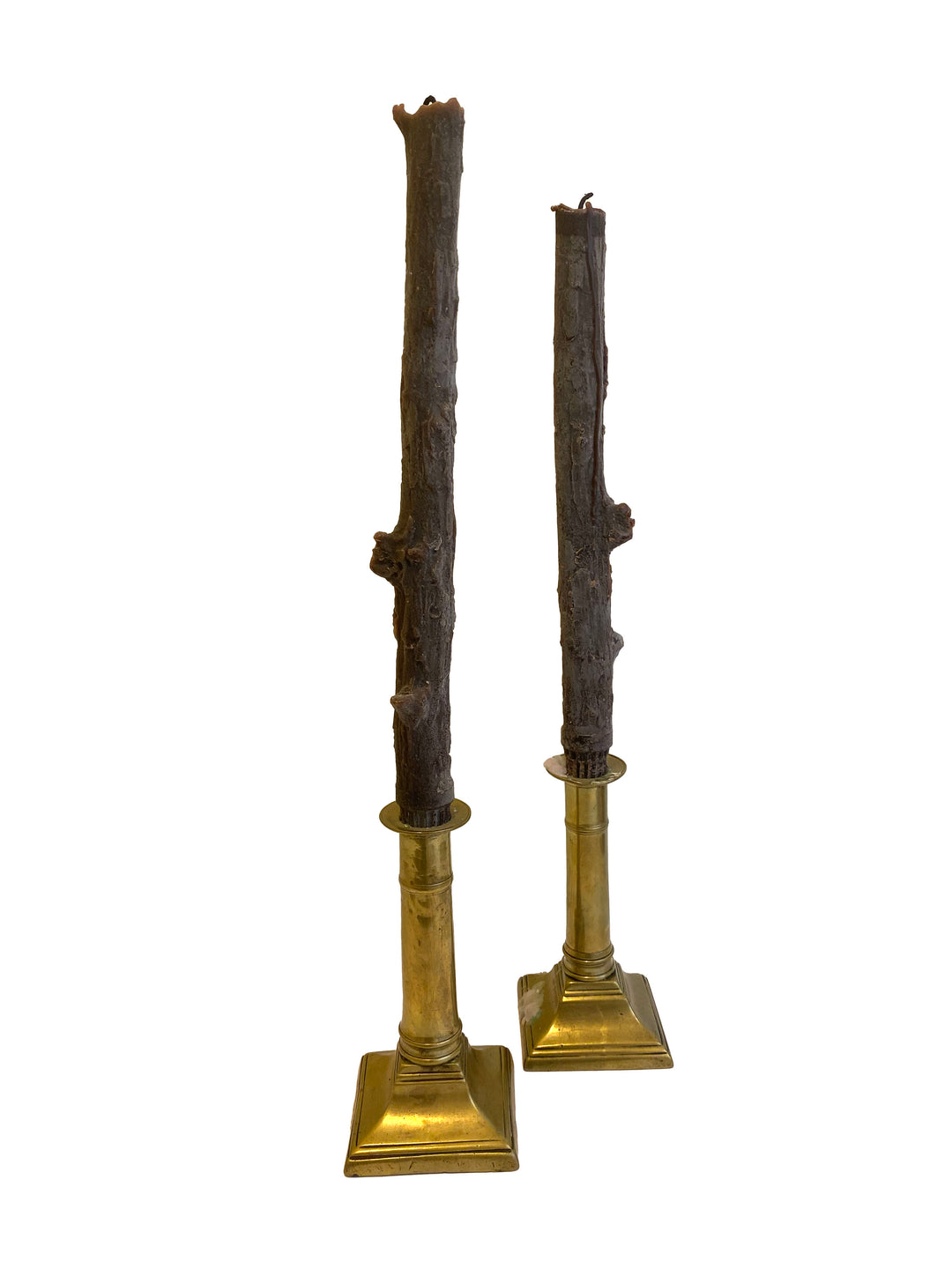 Vintage Brass Candlesticks with Sculptural “Bark” Tapers – Pair