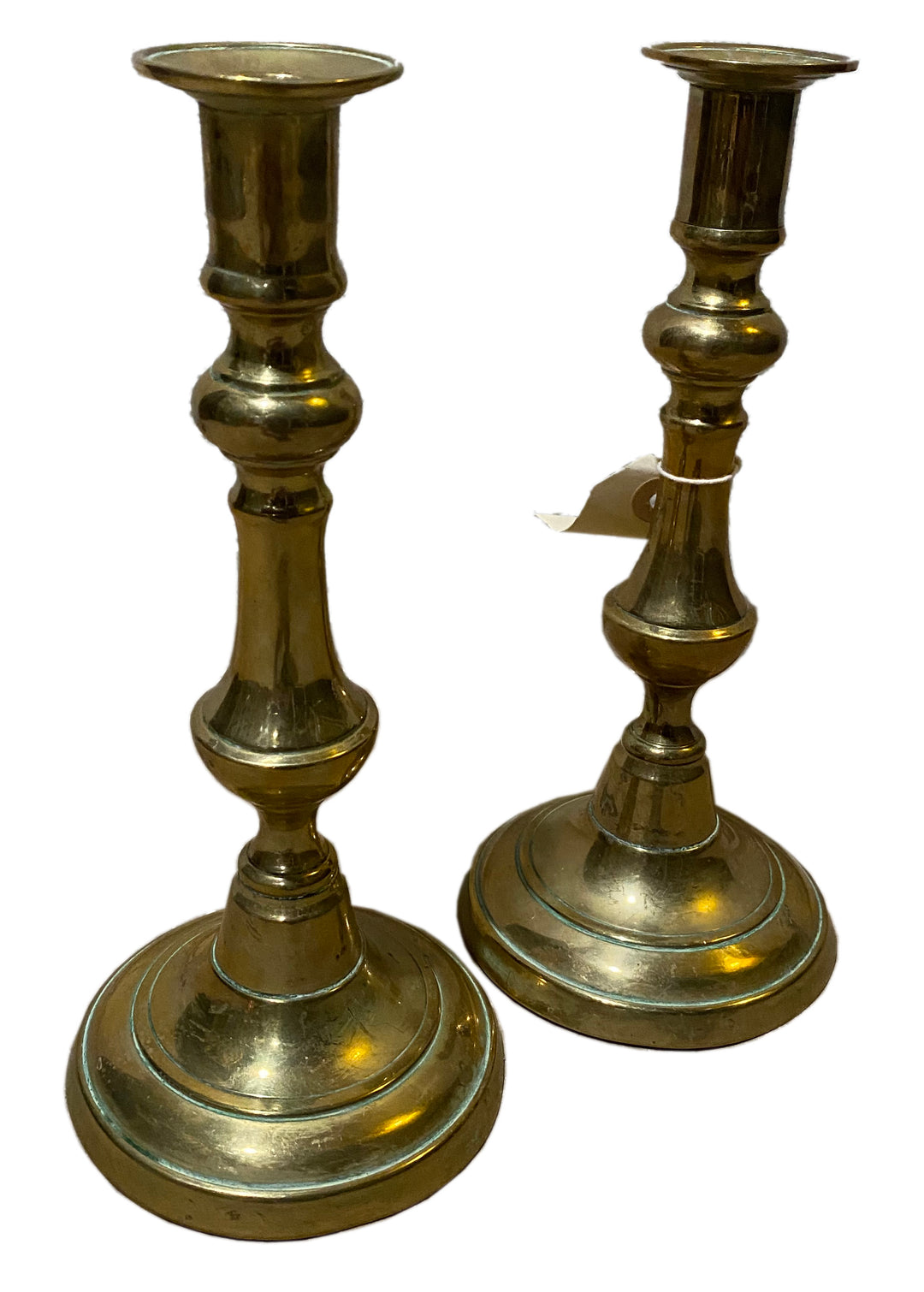 Antique Pair of Queen Anne Spun Brass Candlesticks