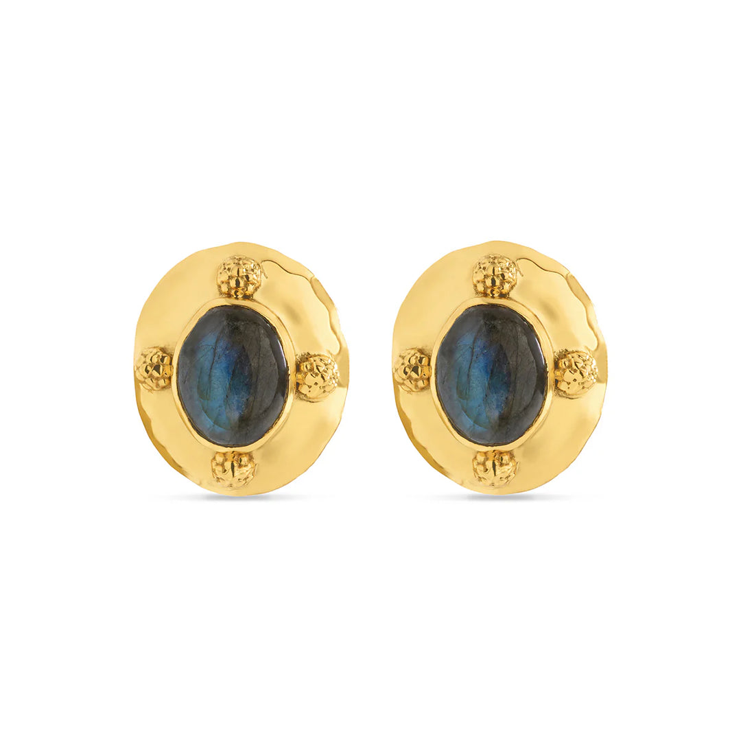 Cleopatra Oval Stud Earrings - Gold and Blue Labradorite