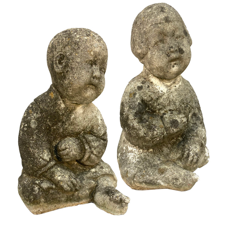 Pair of Vintage Concrete Asian Children Statues