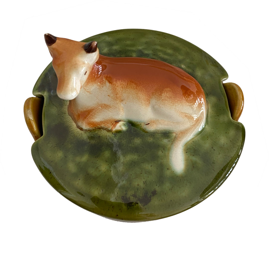 Portuguese Majolica Cow Covered Dish