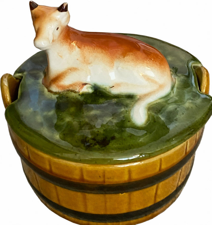 Portuguese Majolica Cow Covered Dish