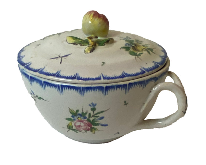 French Provincial / Faience-Inspired Lidded Porcelain Cup with Spoon Slot
