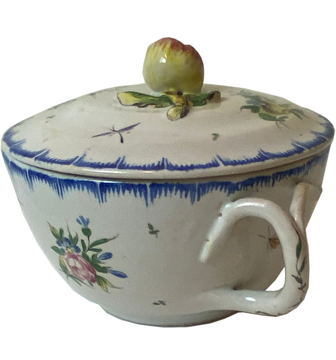 French Provincial / Faience-Inspired Lidded Porcelain Cup with Spoon Slot