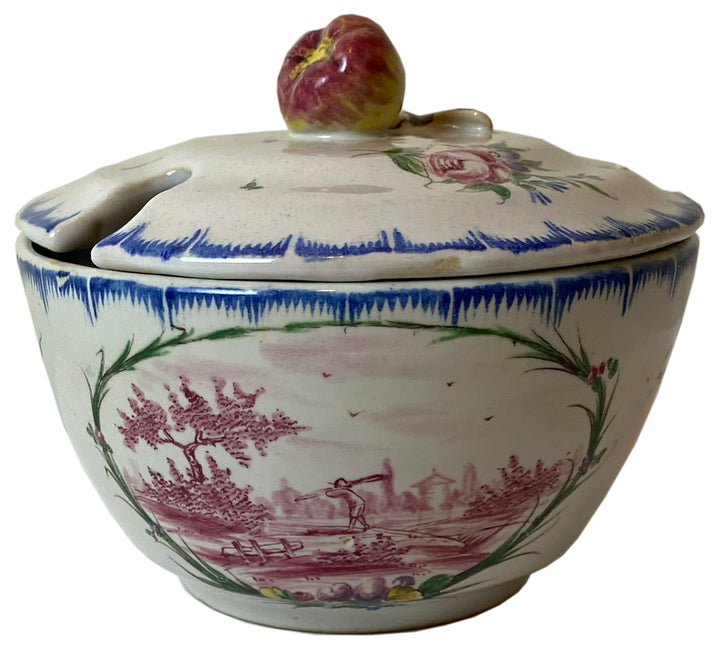 French Provincial / Faience-Inspired Lidded Porcelain Cup with Spoon Slot