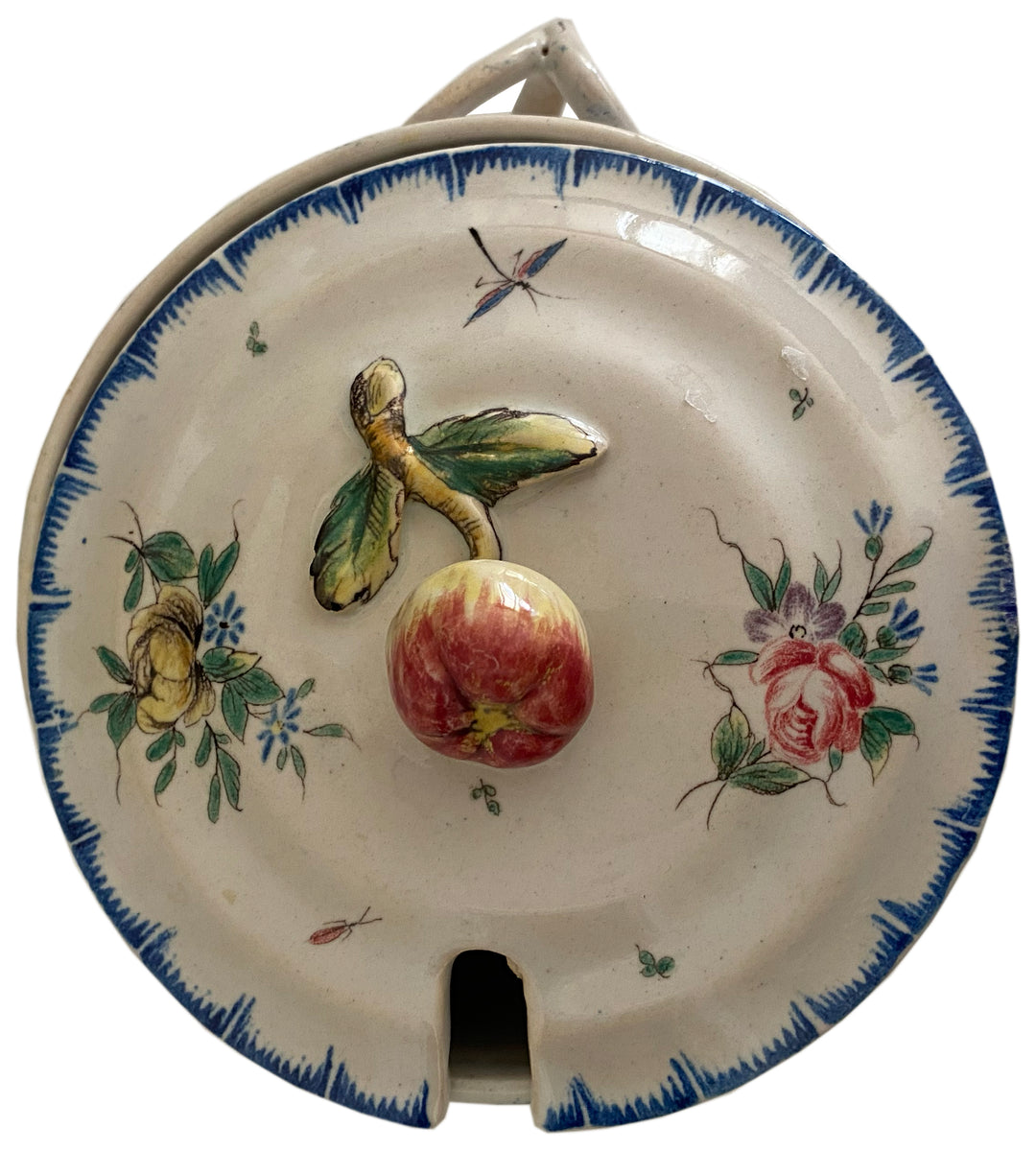 French Provincial / Faience-Inspired Lidded Porcelain Cup with Spoon Slot