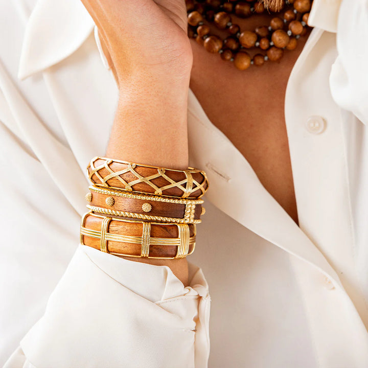 Gaia Hinged Bangle in Gold and Teak