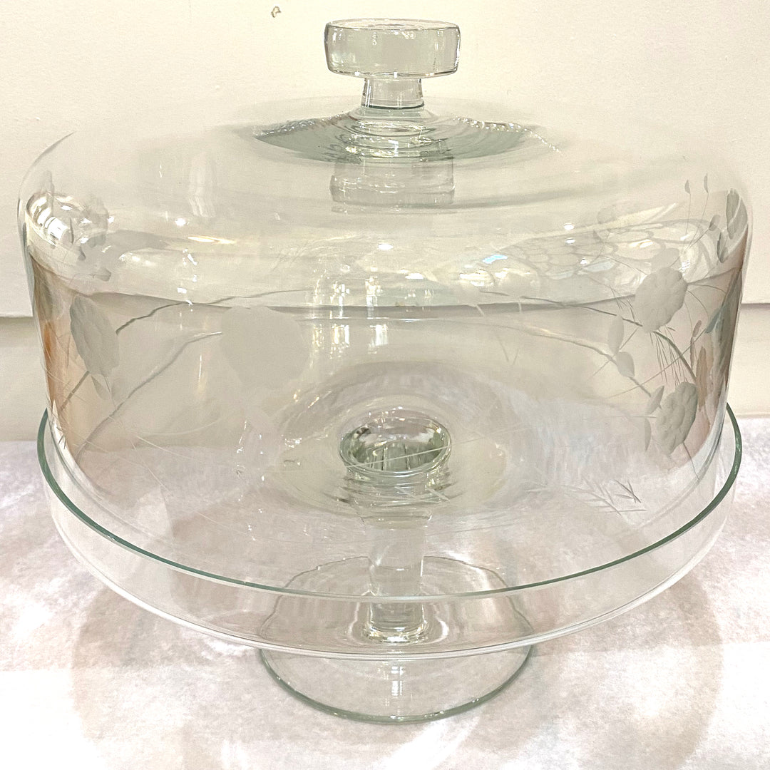 Vintage Etched Glass Domed Cake Stand
